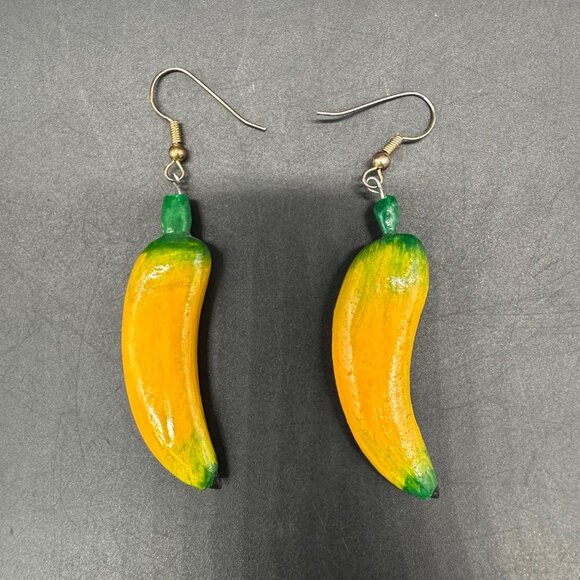Banana Earrings Wooden Tropical Fruit Dangle Drop Yellow Kitschy Funky Beach - Picture 4 of 6